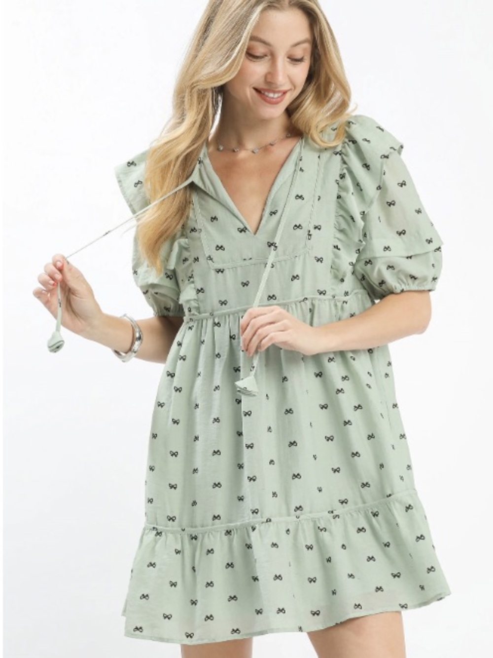 Umgee Mint Green Mini Dress Bows Tie Neck Ruffle Hem Ribbon Navy Aqua Bow Peep